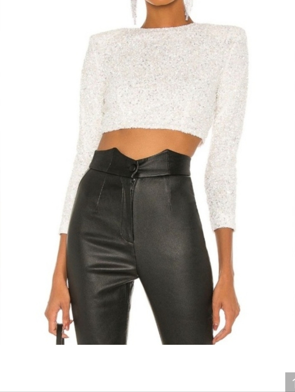 Retrofete Sequin Cropped Long-Sleeve Top - White Size L NWT